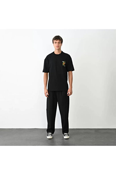 Efnaz style Unisex Crew Neck Printed Oversize T-Shirt - Black