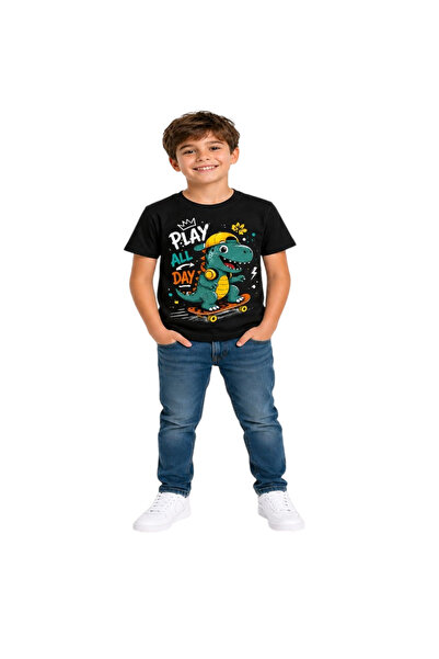KOSTÜMCE Tricou pentru copii cu mânecă scurtă cu imprimeu dinozauri, negru