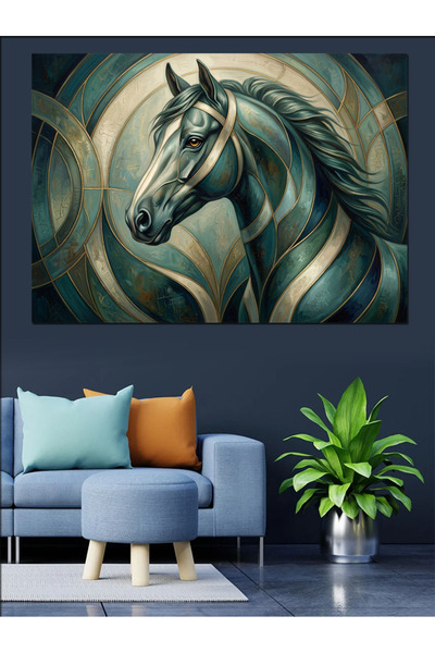 Artmeg Pânză decorativă modernă, geometrică, verde, cu cap de cal - Tablou di...