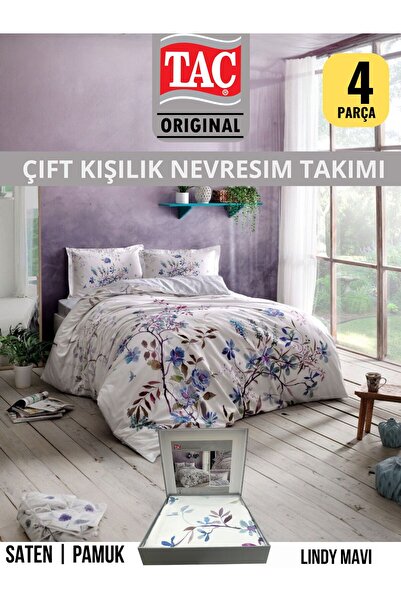 Taç Lindy mavi Pamuk Saten Çift Kişilik Nevresim Takımı