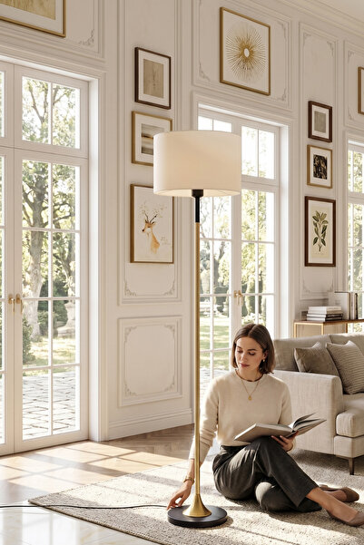 Vinner NeoConic Mat Gold ve Siyah Detaylı Modern Metal Lambader - Krem Başlık...