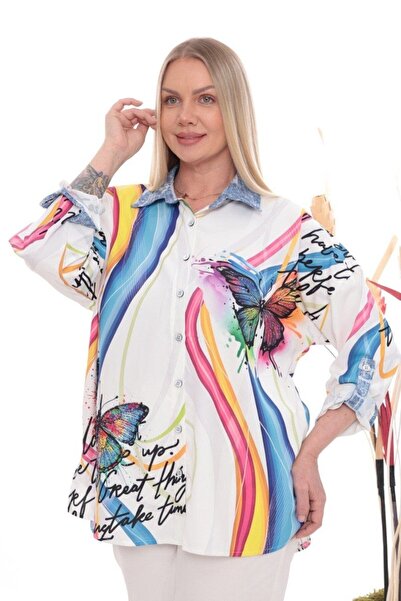 JERFİ Women's Plus Size Butterfly Printed Multi-Color Fabric Shirt