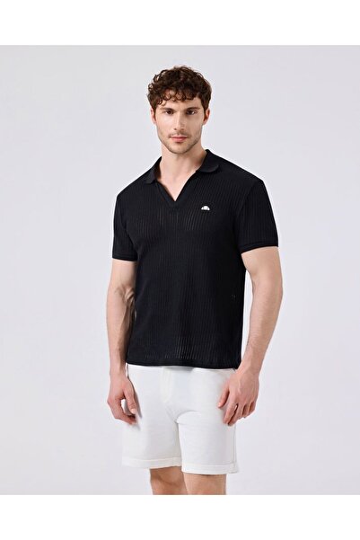 Ellesse Βαμβακερό μαύρο ανδρικό μπλουζάκι πόλο με λαιμόκοψη 6Sm5047