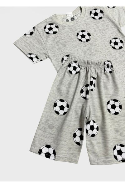 ALİŞ KİDS Boys' Cotton Gray Football Patterned Short Sleeve Shorts Summer Pajama Set
