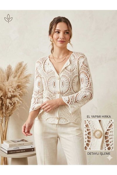 ASEZ BUTİK ZERAFETİN ADRESİ Asez Boutique Women's Lace Detailed Openwork Knitted Cardigan - Elegant Embroidered Long Sleeve Bohemian Jacket