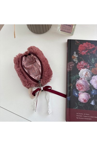 PİNKUE Plush Bow Detailed Mini Bag Accessory & AirPods Bag Keychain Claret Red