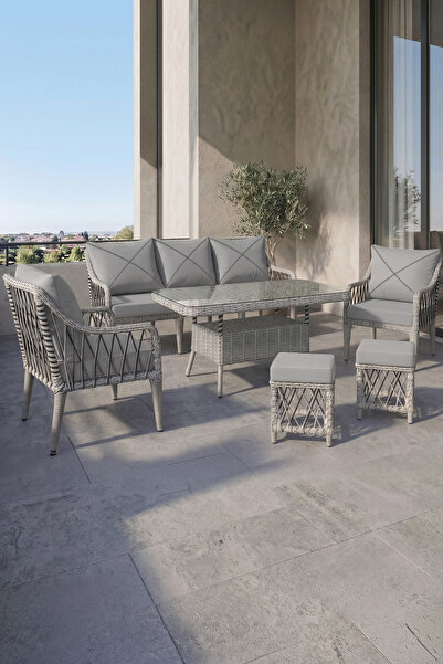 Canisa Tulipa Serisi 1.Sınıf 3+1+1+2 Puf GRİ Rattan, GRİ Minder Bahçe Balkon ...
