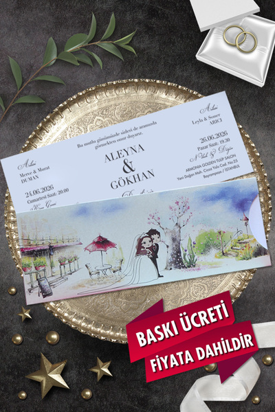Cem Davetiye Düğün Nişan Nikah Kına Davetiyesi 3369 (100 ADET) Baskı Dahil