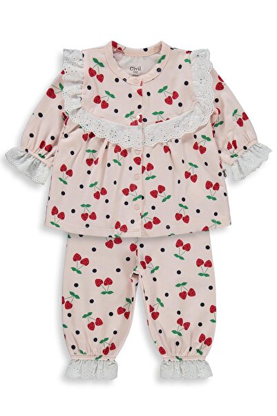 Civil Baby Puanlı Kiraz Emprime Fistolu Kız 6-18 Ay Pijama Takımı - Pudra