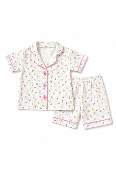 KÜÇÜK TERZİ Kız Çocuk Müslin Şortlu Pijama Takımı Çiçek Desenli Kısa Kollu Ya...