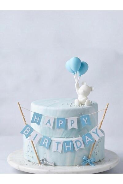 Home Doğum Günü Pasta Süsü Seti - İpli Happy Birthday Banner ve Balonlu Ayıcı...