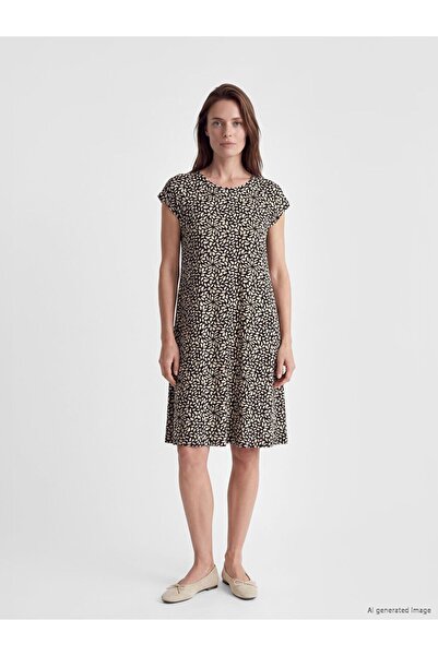 LC Waikiki Lcw Grace Black Crew Neck Patterned A-Line Dress