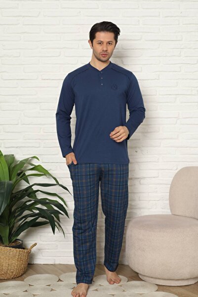ALİMER Men's Pajama Set - Indigo Checkered Long Sleeve Combed Cotton 1227Uy