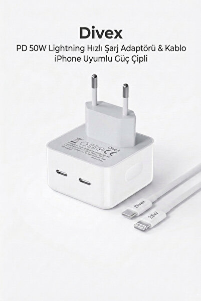 Divex 50W Lightning Hızlı Şarj Adaptörü & Kablo | lPhone Uyumlu Güç Koruma Çipli