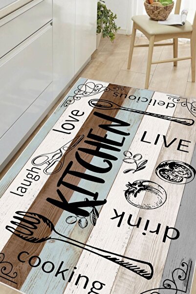 Pelura Halı Mutfak Desenli Kitchen Yazılı Baskılı Kaymaz Yıkanabilir Mutfak H...
