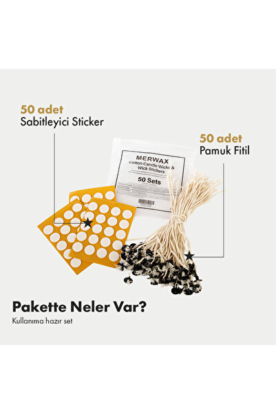 MERWAX 50’li Mum Fitili Seti – %100 Pamuk, İs Yapmayan, Stickerlı Hazır Mum Fitilleri