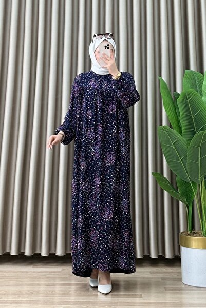 ALYA NURAY ELBİSE Viskon Kumaş Kadın Lacivert Yaka Açılabilir Düğmeli Kolları...