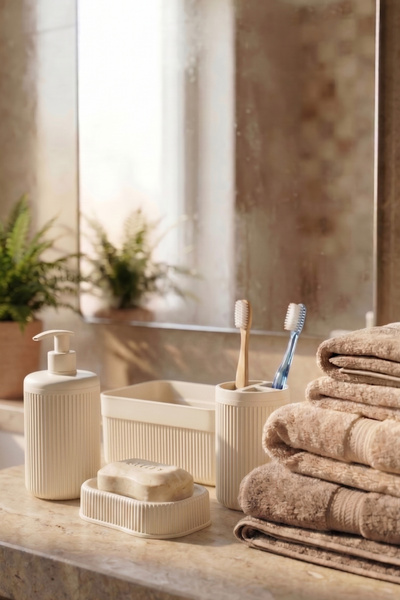 Vienev 4'lü Banyo Seti 550ml Krem - Sıvı Sabunluk, Diş Fırçalık ve Çok Amaçlı Düzenleyici Organizer