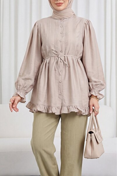 Modamorfo Ribbed Cupra Tunic with Elastic Sleeves and Ruffle Detail - Beige