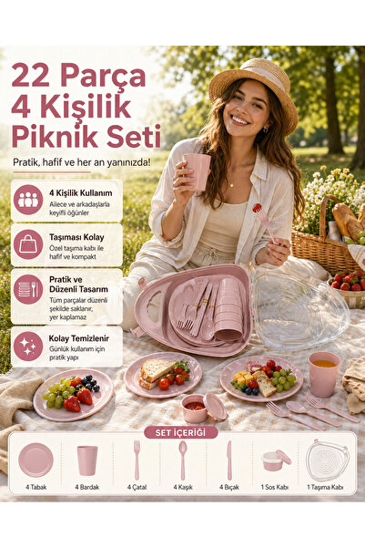 biedda 22 Parça 4 Kişilik Piknik Seti Taşıma Çantalı Tabak Bardak Çatal Kaşık...