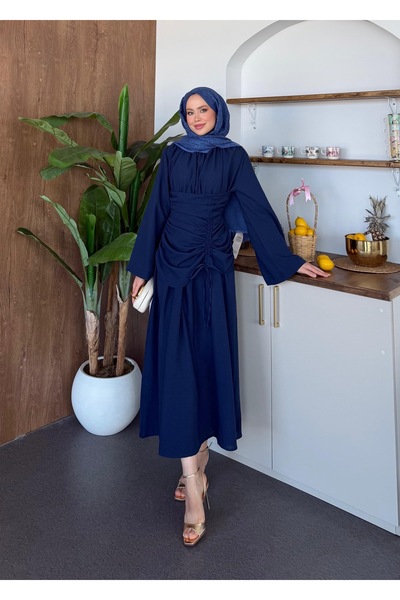 Adalenna Moda Yandan Büzgülü Ham Keten Elbise