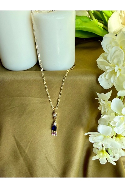Merishe Jewerly قلادة من الفولاذ المقاوم للصدأ موديل Y مرصعة بأحجار زرقاء ذهب...