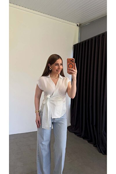 elif teke Kapama Bağlamalı İnce Çizgili Gömlek Beyaz