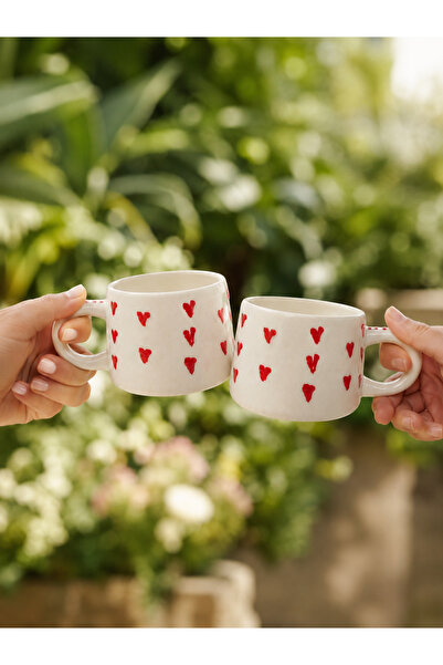 betüslesin Handmade Ceramic Heart Embossed 2-Piece Mug Coffee Cup Mug