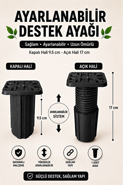 Badem10 Kare Başlı Siyah Ayarlanabilir Destek Ayağı 9.5x17 CM Sert Plastik Mo...