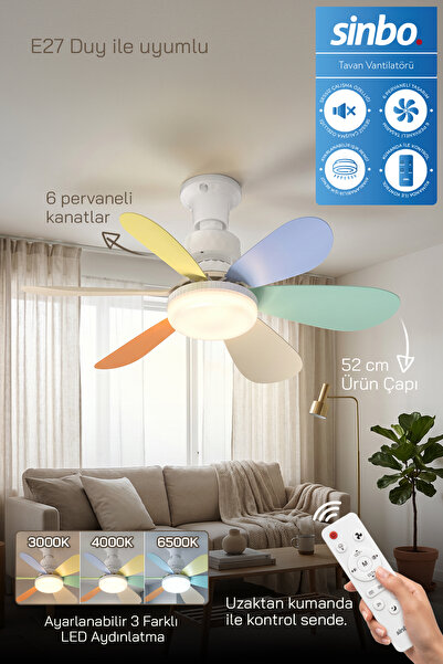Sinbo SF-7708 3 LED Aydınlatmalı Sessiz Tavan Vantilatörü Kumandalı 6 Kanatlı