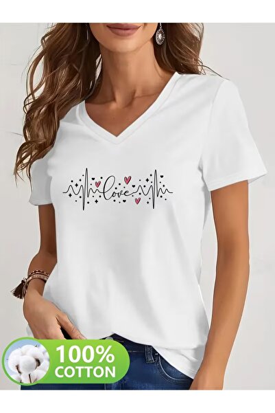 puolikuu Tricou cu decolteu în V, confortabil, cu imprimeu mixt, pentru femei