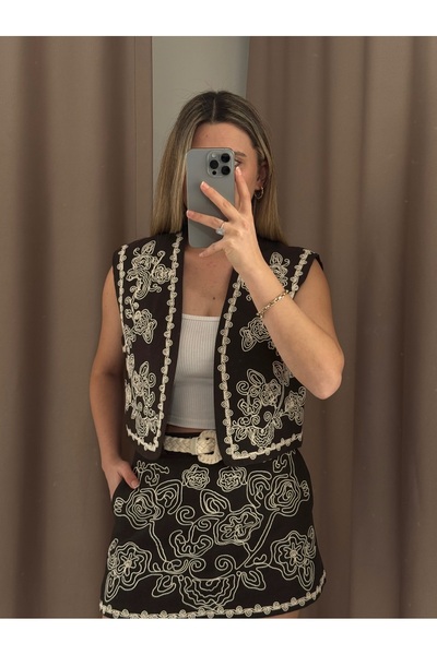 AlisBoutique Beyaz Kontür Nakış İşlemeli Bohem Kahve rengi takım - Etek (şort...