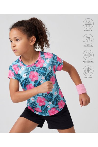 Pine Active Knit Half Sleeves T-Shirt With Floral Print - Blue