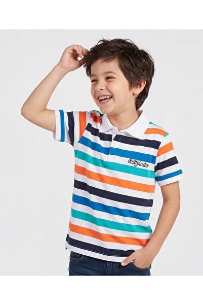 Pine kids تي شيرت بولو مخطط بأكمام نصفية من القطن المحبوك - متعدد الألوان