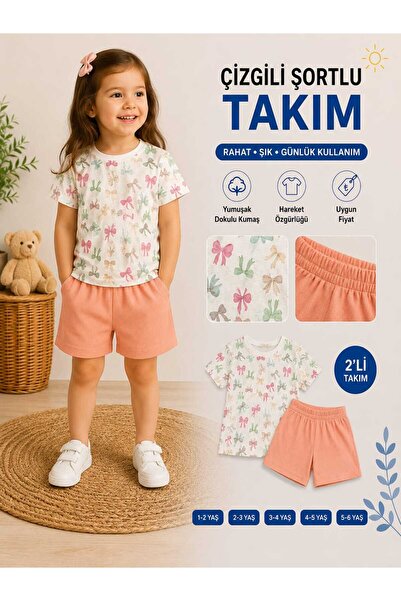 Kinlee Kız Çocuk Kelebek Desenli Şortlu Takım Pamuklu Yazlık 2’li Takım