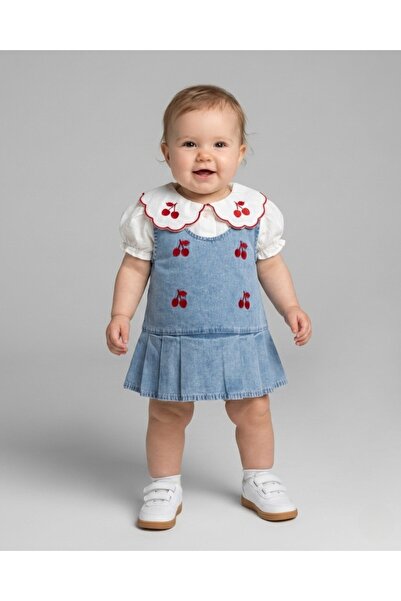 voyyo kids baby Baby Girl Cherry Embroidered Denim Gilet Dress, Baby Collared...
