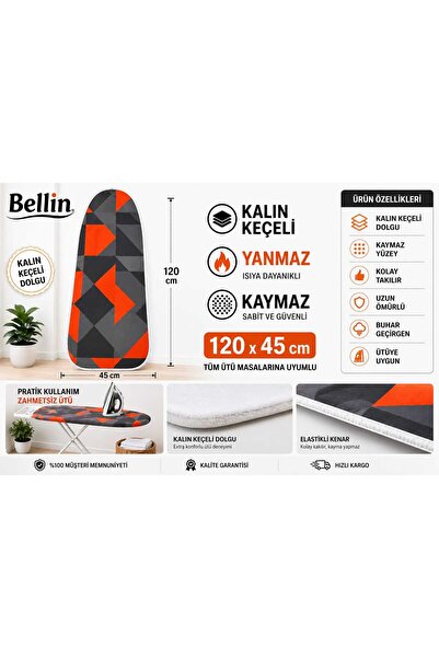 Bellin Ütü Masası Kılıfı Örtüsü Keçeli 120x45 Cm TURUNCU BENEKLİ