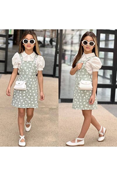 Lina Baby Bloom Kız Çocuk Mint Yeşil Kalp Desenli Salopet Şık Takım Çantalı E...