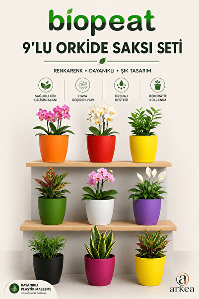 BioPeat 9’lu Rengarenk Dekoratif Orkide Saksısı Seti – İç Mekan Çiçek ve Bitk...