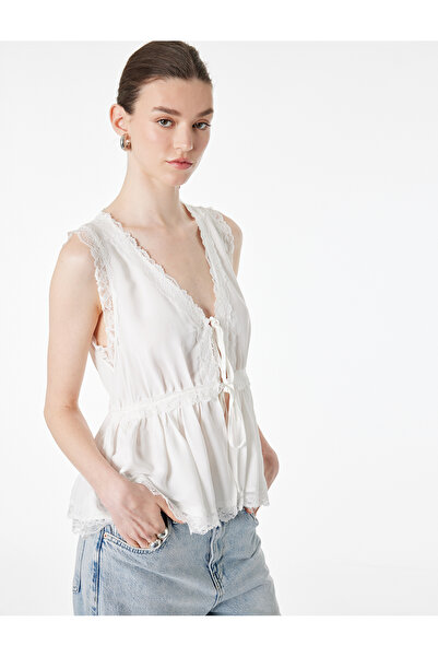 Koton Front Tie Bow Lace Detailed V-Neck Sleeveless Blouse