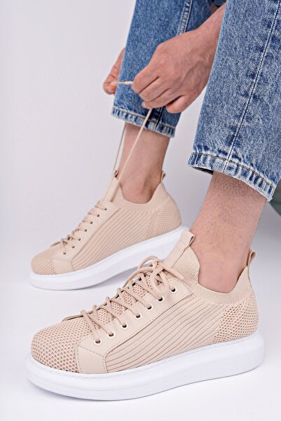 Lucy Shoes Rs619 Men's Lace-Up Casual Knitwear Sneaker Shoes Tbt - Beige