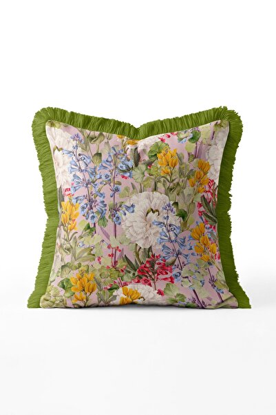 IdeCraft Pastel Botanical Garden Flowers Fringed Throw Pillow Cover - Romanti...