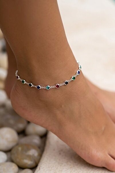 Parita Jewelry Gümüş Renk Doğal Taş Renkli Zirkon Taşlı Paslanmaz Premium Halhal
