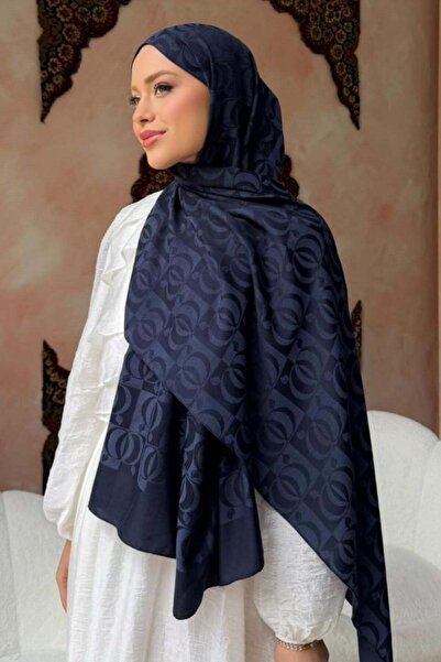 Hazamoda Jacquard Patterned Shawl Navy Blue
