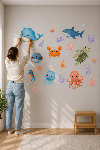 kutuTR Sevimli Deniz Canlıları Çocuk Odası Duvar Sticker Seti – 30x100 cm