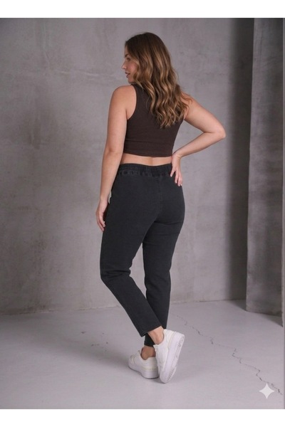 ModamarkReal Beli lastikli yüksek bel boru paça likralı büyük / küçük beden pantolon jean Füme