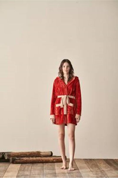 FIRST STYLE Dark Orange Turkish Short Winter Robe Long Sleeves and Hooded wit...