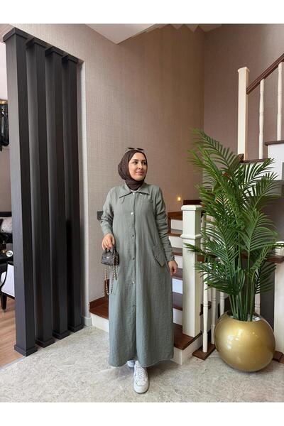 Esra Butik78 Haki Renk Büyük Beden Uyumlu Yazlık Paraşüt Kumaş Tesettür Elbise