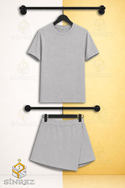 SİNREZ Girl's 2-Piece Set No Print Short Sleeve T-Shirt and Shorts Skirt