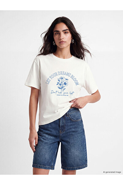 LC Waikiki Peak New Season Printed Oversize 100% Cotton Women's T-Shirt
